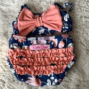 Ruffle Butts two piece swimsuit for baby 6-12M blue and orange EUC